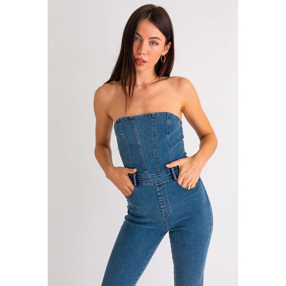 Denim Bell Bottom Jumpsuit - Picture 2 of 7
